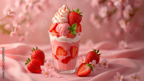 春のいちごパフェと桜の午後/Spring Strawberry Parfait with Sakura Afternoon Charm Generative AI