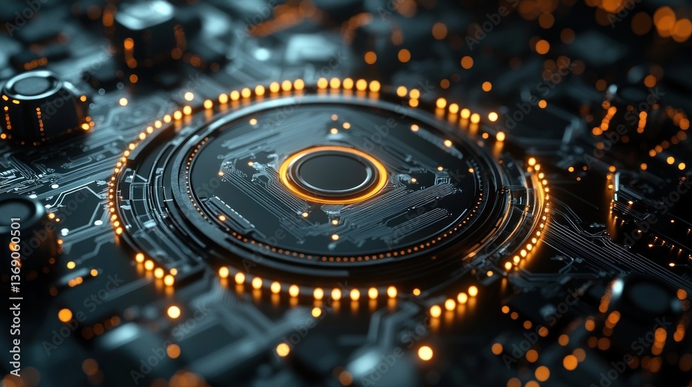 Futuristic circuit board with glowing central circle Futuristic circuit board with glowing central circle
