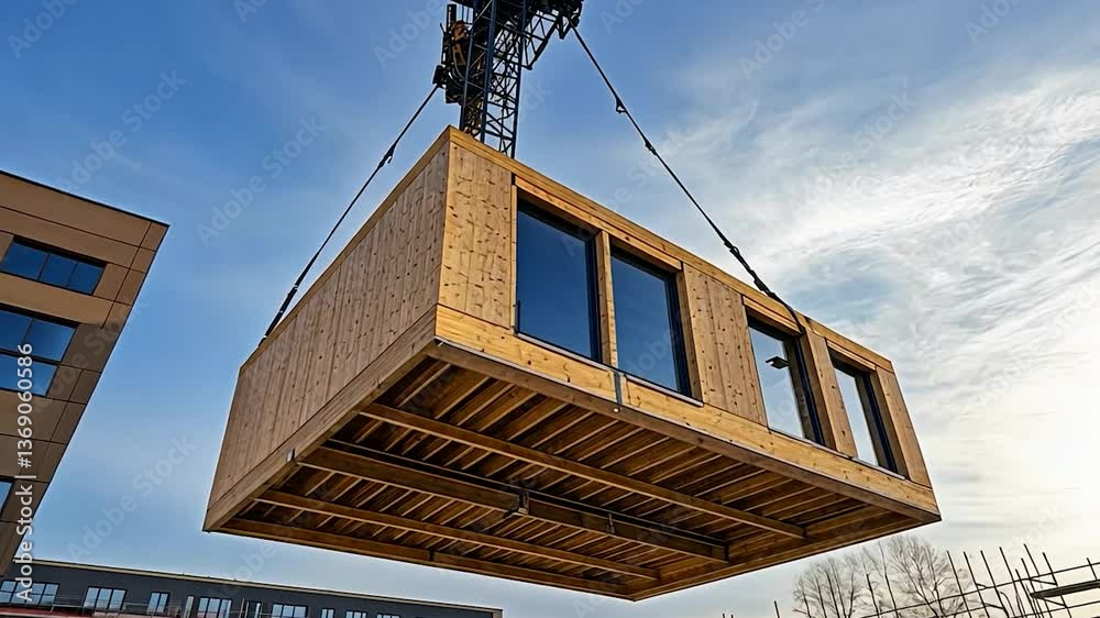 A wooden building module is raised by a crane and placed into the ...
