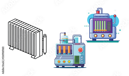 Industrial machines and radiator line art illustrations