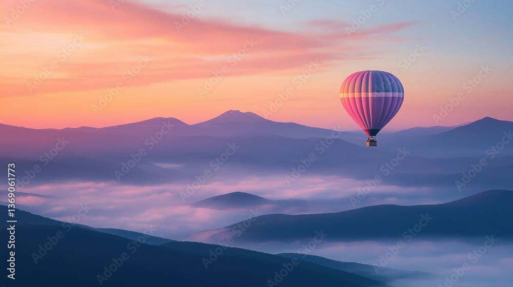 Fototapeta premium sunrise over a mountain range, with a hot air balloon carrying passengers high above a hazy cloud blanket