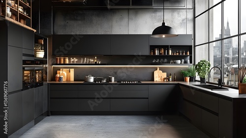 Minimalist loft-style kitchen with matte black cabinets, industrial lighting, and polished concrete flooring.