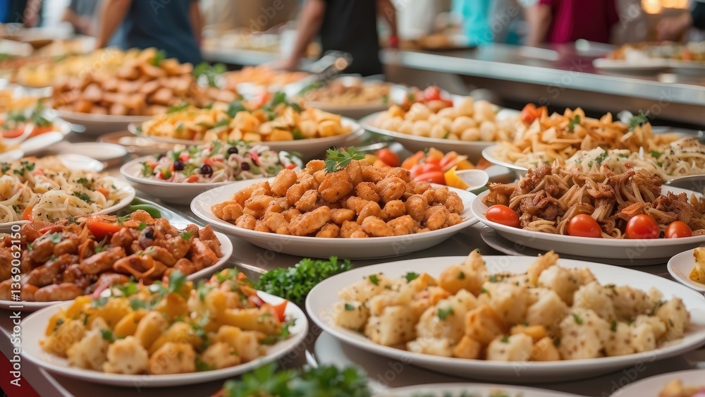 A vibrant display of various stews and dishes in large metal pots at a bustling food market. A vibrant display of various stews and dishes in large metal pots at a bustling food market.