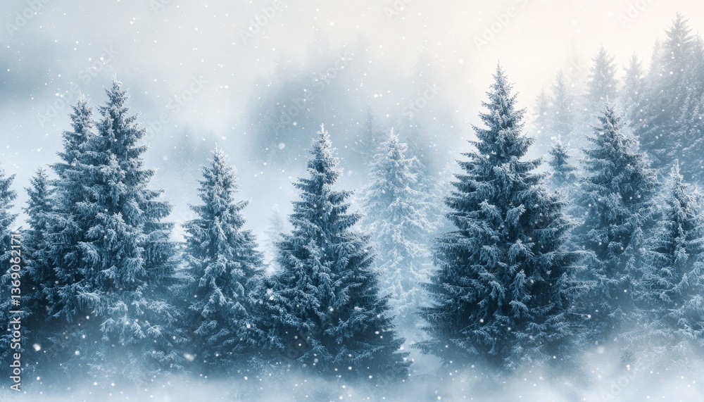 Naklejka premium Enchanting winter landscape panoramic view of snow covered pine trees in a misty forest setting