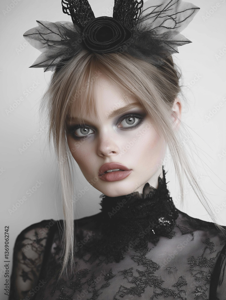 Fototapeta premium Close-up portrait of a young woman with striking grey eyes and dramatic eye makeup featuring dark eyeshadow and defined brows. Her blonde hair is styled in a loose bun, partially obscuring her
