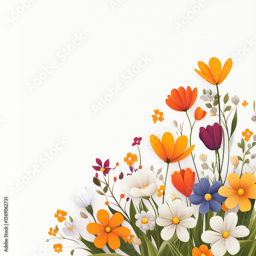 An illustrated arrangement of colorful spring wildflowers, set against a clean white background. Created with Generative AI technology