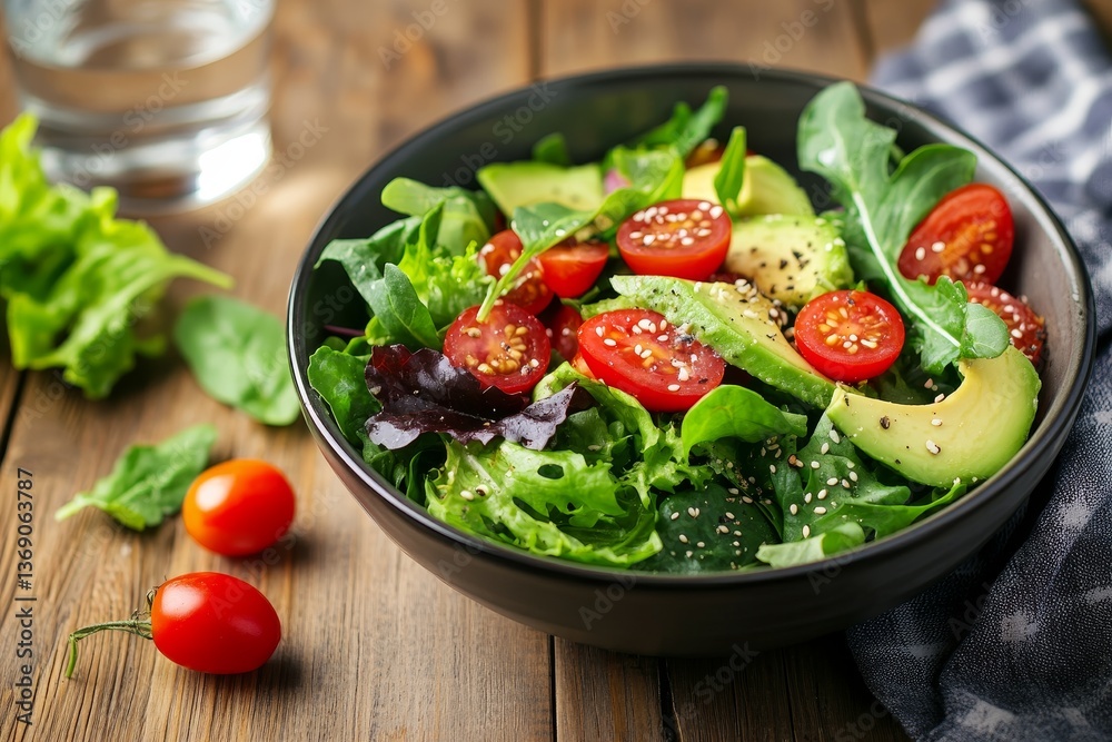 Colorful salad with avocado, cherry tomatoes, and mixed greens beside a glass of water on table Colorful salad with avocado, cherry tomatoes, and mixed greens beside a glass of water on table