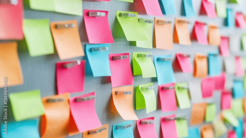 Naklejka premium Corkboard with sticky notes outlining disruptive innovation strategies and business transformation.