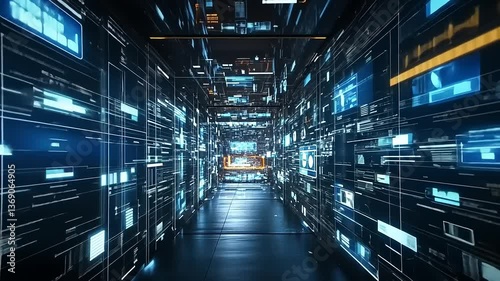 Wallpaper Mural Futuristic data corridor with glowing digital screens and abstract technology visuals in motion Torontodigital.ca