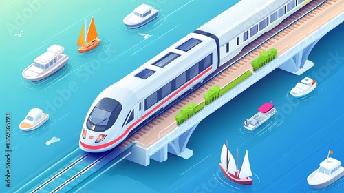 An isometric vector illustration of a train crossing a bridge, with boats navigating the water below, set against a blue background, representing transportation.