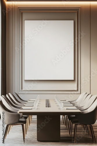 Elegant boardroom with a long meeting table, modern chairs