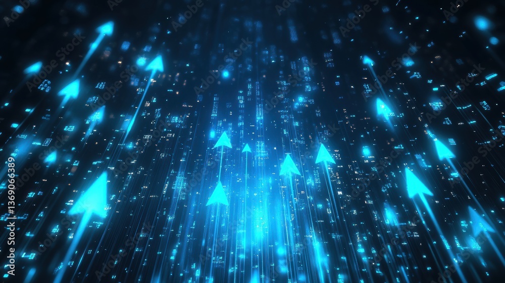 Fototapeta premium Abstract digital background with glowing blue arrows pointing upwards in a shimmering environment : Generative AI.