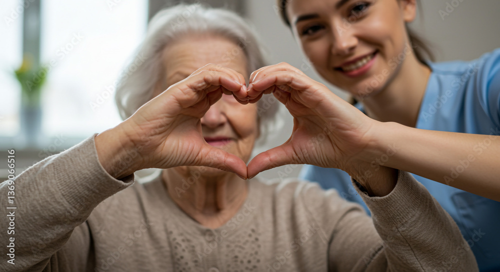 Fototapeta premium A heartwarming moment of intergenerational love, an elderly woman and her caregiver forming a heart with their hands, conveying affection and care, softly lit with a gentle background blur.