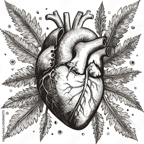 anatomical human heart with veins and arteries, featuring intricate linework sketch engraving generative ai vector illustration
