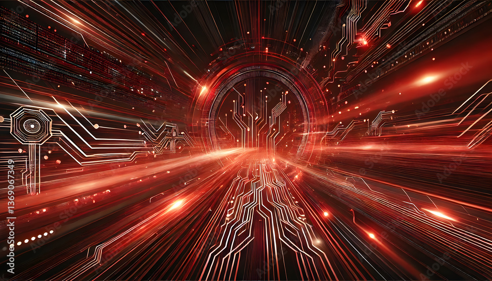 Fototapeta premium 赤い光と電子回路が交差するサイバーテクノロジー背景