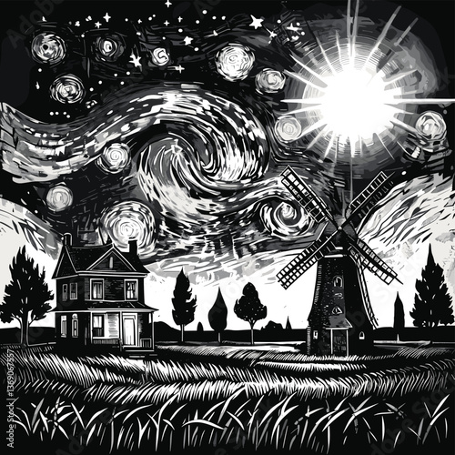 rural landscape featuring a swirling starry sky, a windmill, trees, a farmhouse, and rolling fields sketch engraving generative ai vector illustration. 