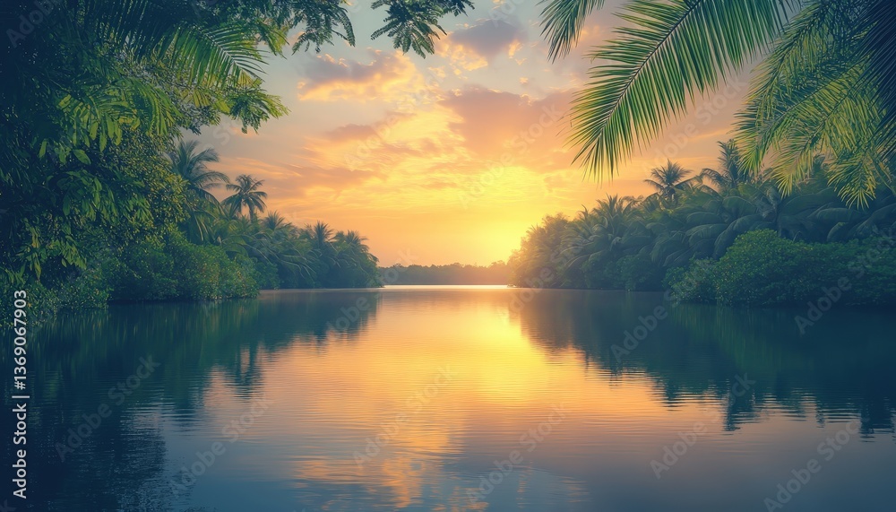 Serene sunrise over tranquil lake surrounded by lush greenery during early morning hours Serene sunrise over tranquil lake surrounded by lush greenery during early morning hours