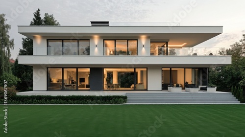 Contemporary luxury home architecture shows a new building's front facade with a balcony and large windows