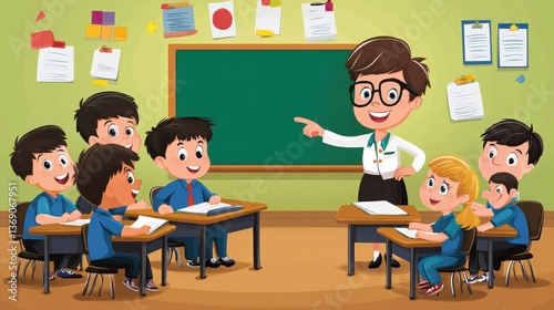 Engaging classroom scene depicting a cheerful teacher standing in front of a chalkboard, surrounded by enthusiastic students enjoying a lesson filled with learning moments