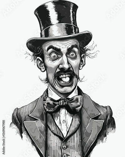 Silly stupid facial expression gentleman with curled mustache and top hat sticking out his tongue sketch engraving generative ai vector illustration.