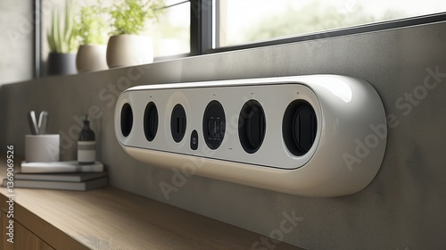 Sleek wall-mounted plug holder with multiple sockets for organized and concealed cable management in a minimalist home