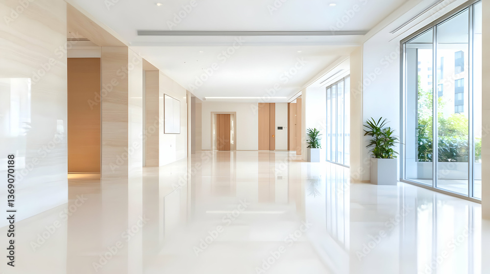 Fototapeta premium Empty Modern Hallway With Large Windows