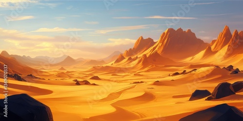 A serene desert landscape with rolling dunes and distant mountains under a vibrant sky.