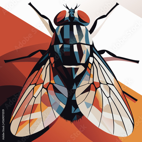 Geometric fly illustration in close-up view. Bold angular shapes in black, blue, orange depict insect. Abstract concept for modern art, unique design projects, edgy branding.