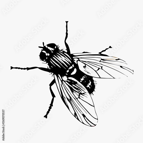 Detailed housefly illustration shows insect resting. Black and white drawing features intricate wings and segmented body. Ideal concept for science education, pest control, entomology.