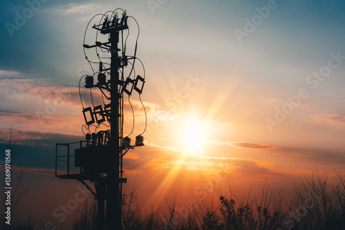 Electrical Transformer Station Against the Sunset Sky