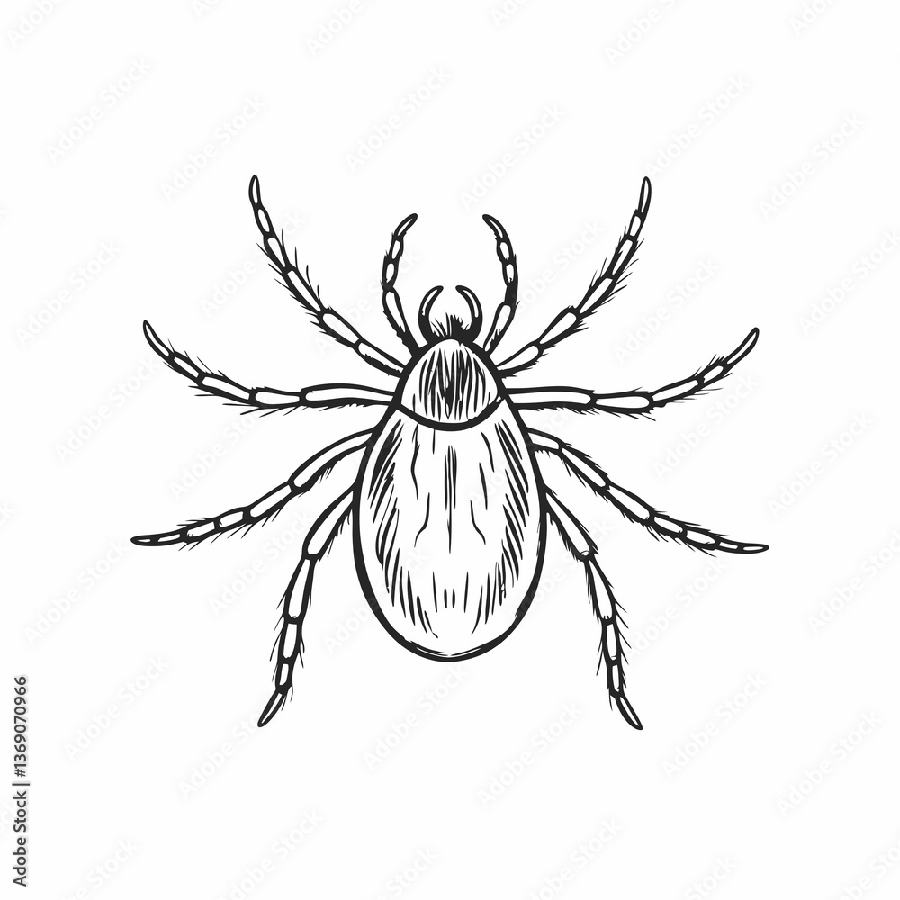 Obraz premium Detailed tick top view line drawing—looking realistic and schematic, concept medical illustration, dermatology education, infographic detail for health, pharma, and museum sectors.