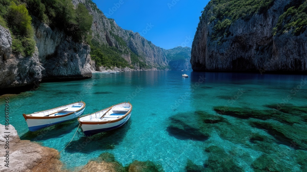Tranquil bay with pristine turquoise water and two white rowboats nestled in a rocky cove Tranquil bay with pristine turquoise water and two white rowboats nestled in a rocky cove