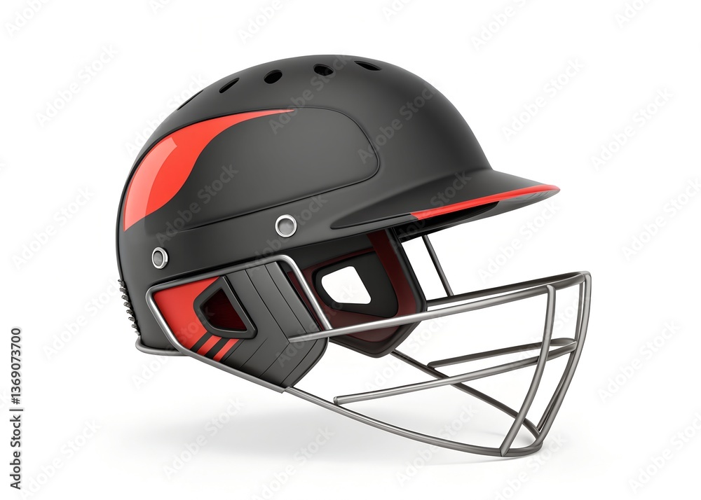 Naklejka premium Cricket Helmet: A close-up of a modern cricket helmet. Sleek design in black with red accents, complete with a faceguard, hinting at safety and athleticism.