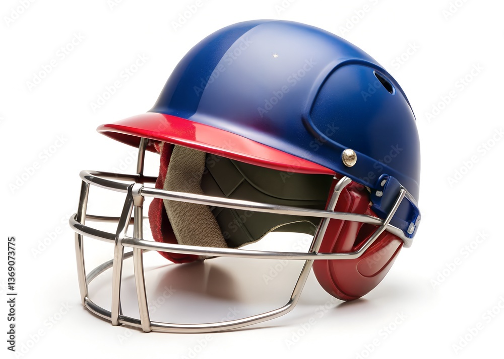Fototapeta premium Helmet of Protection: A close-up view of a blue and red cricket helmet, with its visor, protective grill, a symbol of safety, a perfect blend of form and function. 