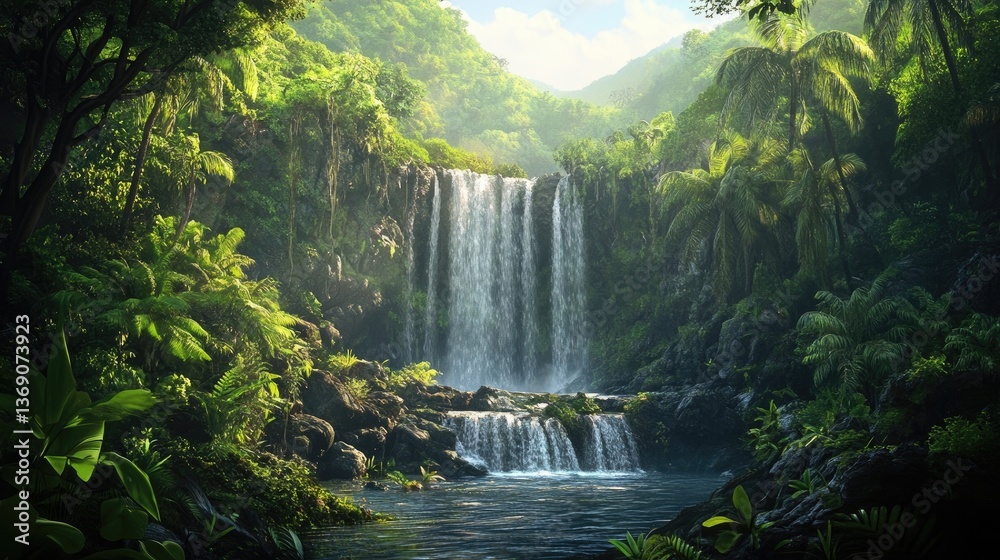 Forest trees, jungle, and waterfall in an adventure nature scene Forest trees, jungle, and waterfall in an adventure nature scene