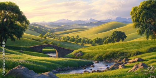 A serene landscape featuring rolling hills, a stone bridge, and a gentle stream.