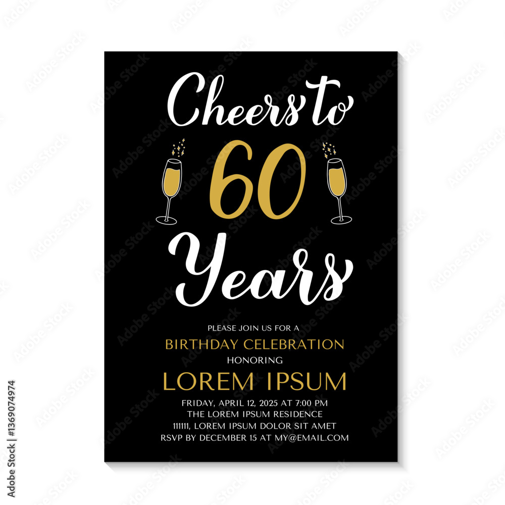 60th Birthday or Anniversary invitation card. Cheers to 60 years. Birthday Party invite. Vector template.