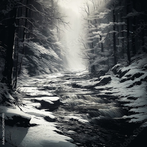 Winter Snow Nature River Landscape Forest mountains. forest A serene winter landscape: a calm river flows through a snow-covered valley with trees, rocks, and mountains. Reflections in the river add t