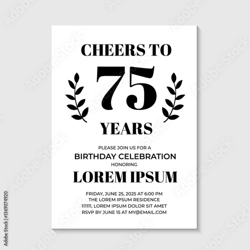 75th Birthday or Anniversary invitation card. Birthday Party invite. Cheers to 75 years. Vector template.