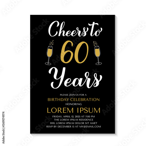 60th Birthday or Anniversary invitation card. Cheers to 60 years. Birthday Party invite. Vector template.