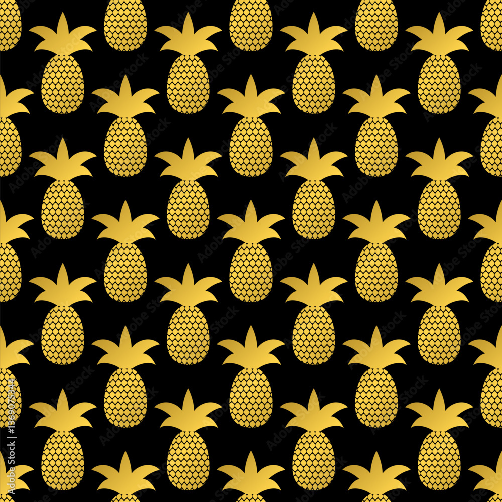 Seamless pattern with gold pineapple on black background. Golden tropical fruit. Vector template for fabric, textile, wallpaper, wrapping paper, scrapbooking, etc.