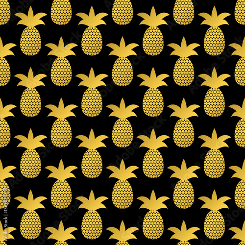 Obraz na płótnie Seamless pattern with gold pineapple on black background. Golden tropical fruit. Vector template for fabric, textile, wallpaper, wrapping paper, scrapbooking, etc. w salonie