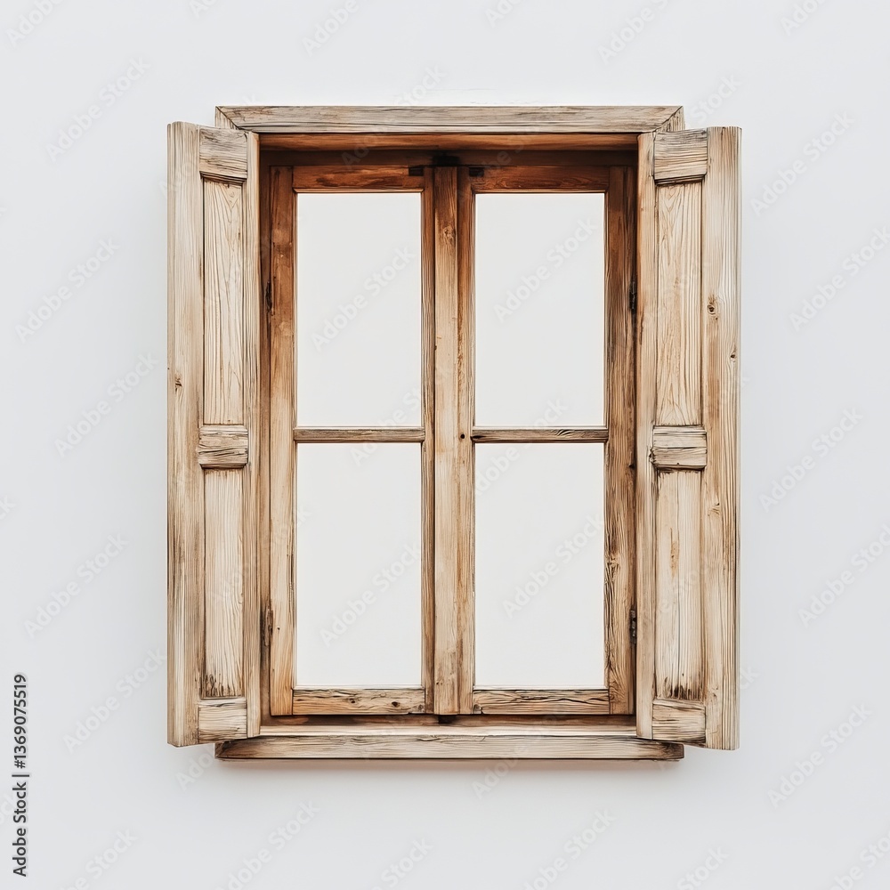 Obraz premium Wooden window with light tan wood White background