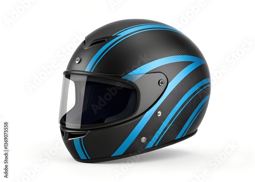Safety in Style: A close-up shot of a sleek, modern motorcycle helmet, painted in a dark base color with eye-catching blue accent stripes, symbolizing safety and speed. photo