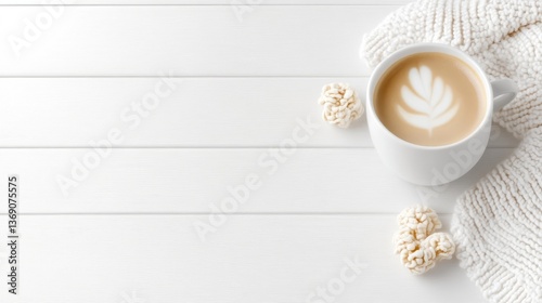 Cozy latte on a white wooden table