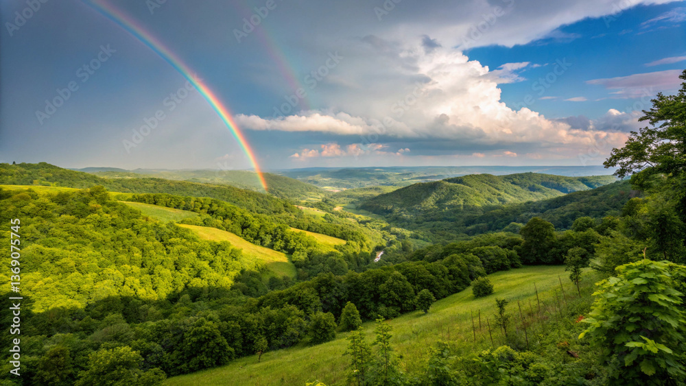 Fototapeta premium rainbow, hills, green, landscape, nature, valley, scenic, beauty, vibrant, countryside, peaceful, clouds, blue, lush, meadow, view, breathtaking, rolling, grassland, outdoor, serene, travel, adventure