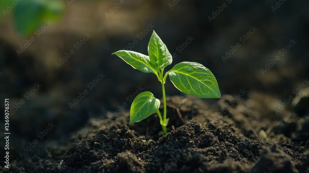 Fototapeta premium Close up of a small plant sprouting from the soil in a sunlit garden.