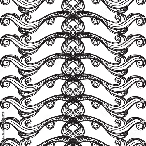 Seamless pattern with richly decorated baroque style elements. Engraved damask texture, vintage background. Vector illustration monochrome color. Repetitive wallpaper for fabric, packaging, invitation