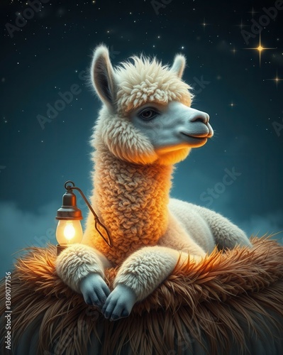 A serene alpaca rests on a textured surface, illuminated by a lantern. The background features a starry night sky, creating a whimsical and cozy atmosphere. Fluffy fur and calm expression.