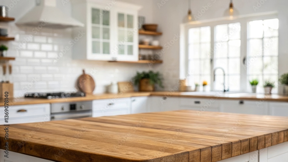 Fototapeta premium Wood table top on blur kitchen counter room background, for montage product display or design key visual layout, template